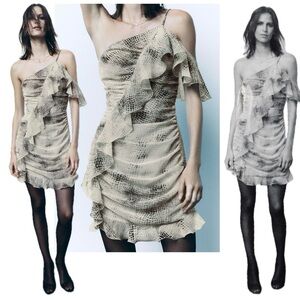 Zara animal snake print one Shoulder asymmetrical ruffle frill mini dress XL